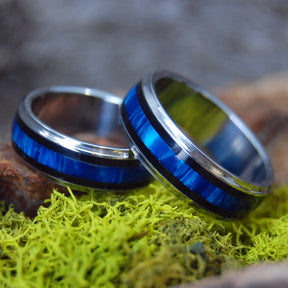 THE PILOT AND THE FLIGHT ATTENDANT | Blue Marbled Resin & Titanium - Unique Wedding Rings - Wedding Rings Set - Minter and Richter Designs