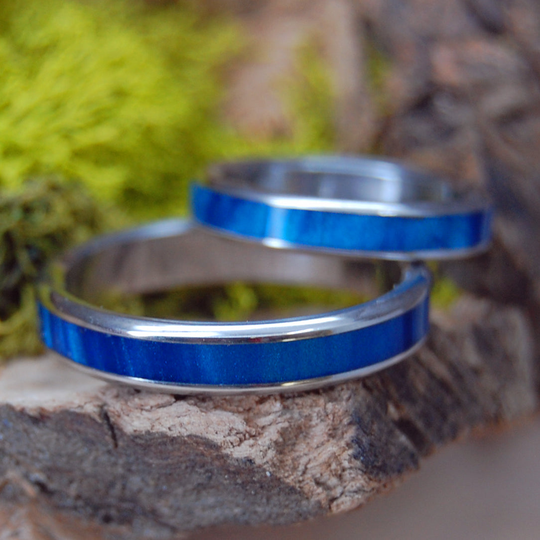 INOX SAPPHIRE BLUE  | Blue Marbled Opalescent - Matching Inox Steel Wedding Rings Set - Minter and Richter Designs