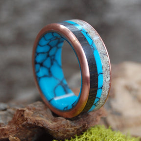 COLORS OF OKINAWA |  Turquoise, Okinawa Beach Sand & Bog Oak, Copper Wedding Rings - Unique Wedding Rings - Minter and Richter Designs