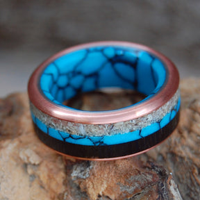 COLORS OF OKINAWA |  Turquoise, Okinawa Beach Sand & Bog Oak, Copper Wedding Rings - Unique Wedding Rings - Minter and Richter Designs