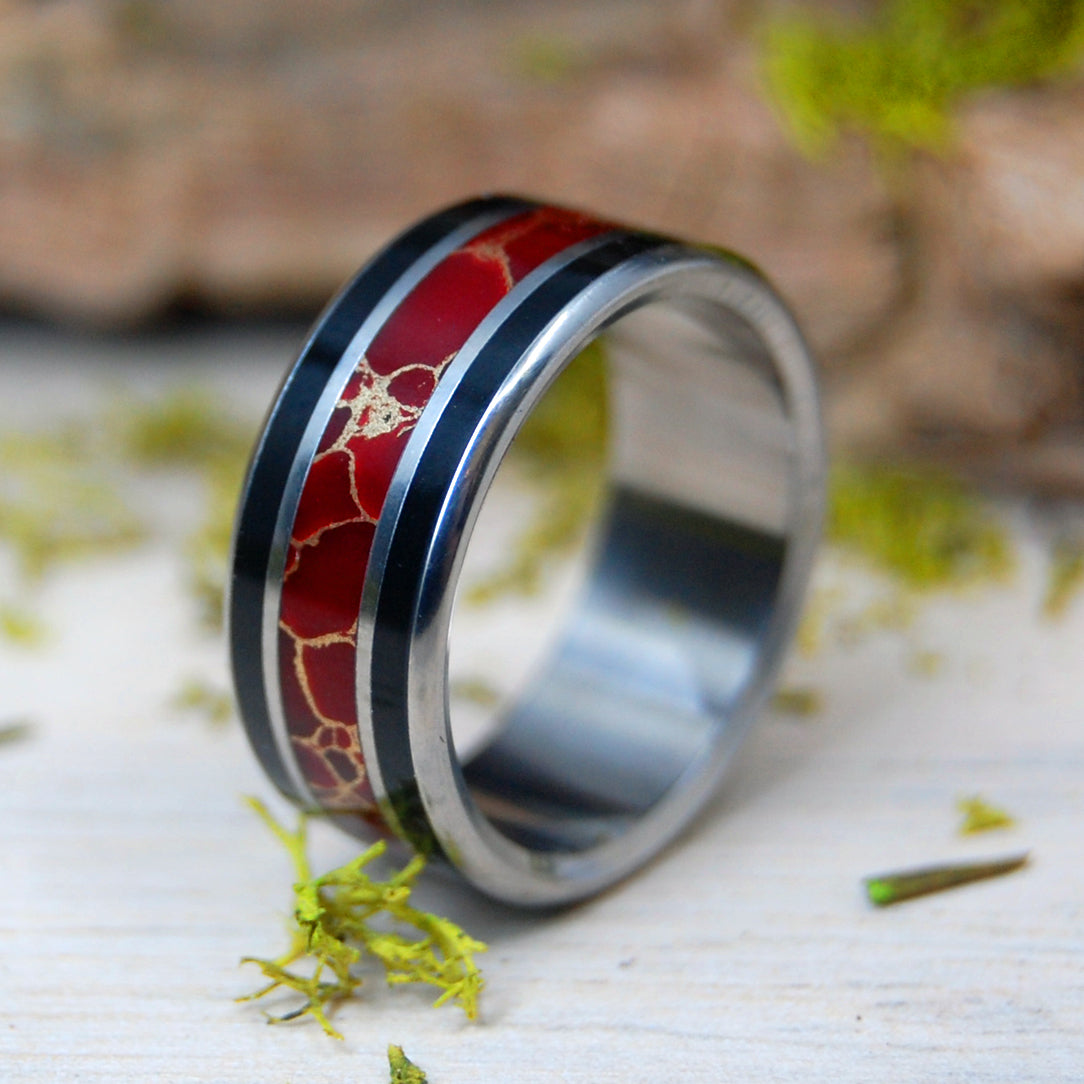IN SHANGHAI | Red Gold Webbed Jasper & Onyx Stone - Titanium Wedding Ring - Minter and Richter Designs