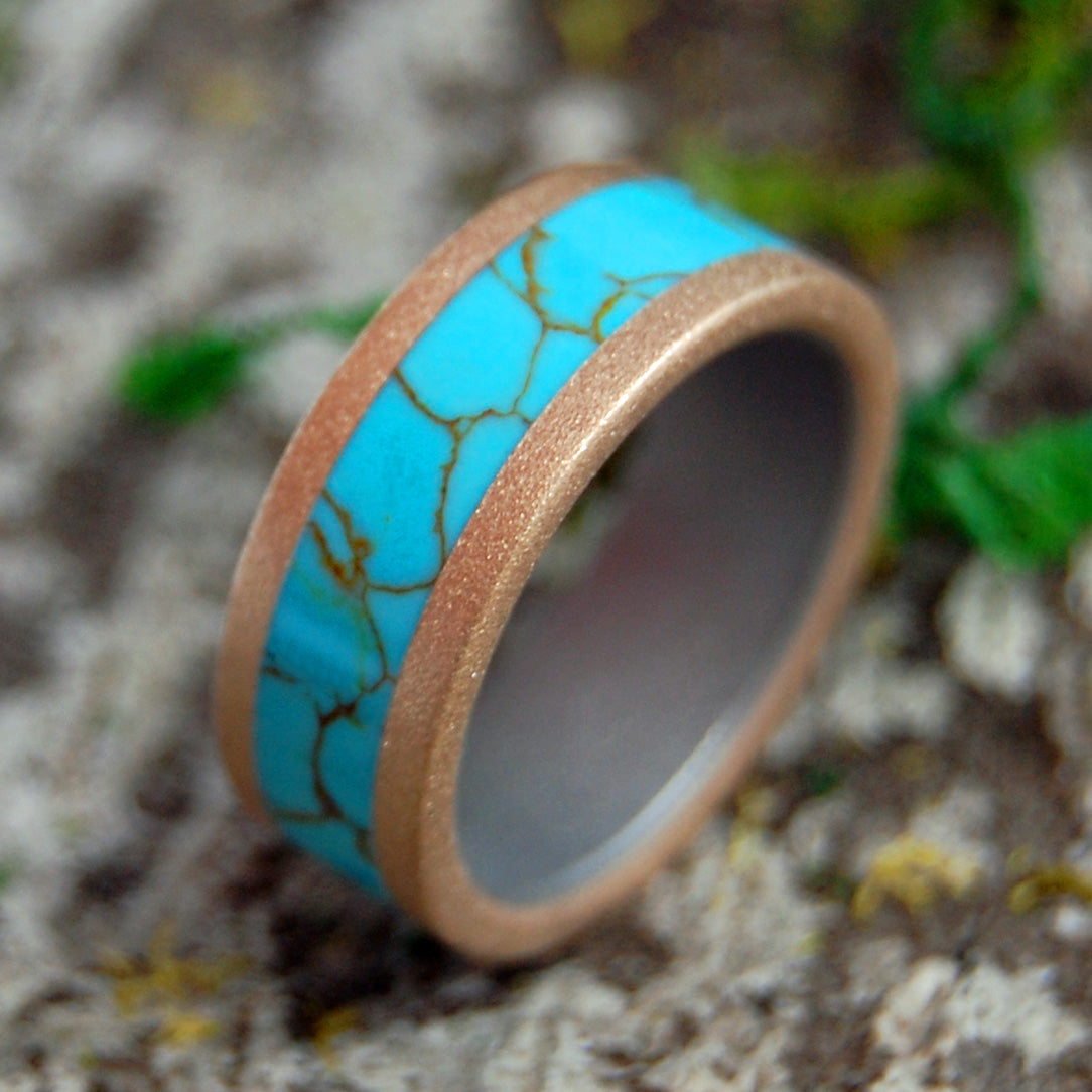 JAHIRA SPARKLES | Bronze & Titanium & Tibetan Turquoise Stone Wedding Rings - Minter and Richter Designs