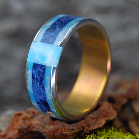 LARIMAR BLUE | Blue Box Elder Wood & Larimar Titanium Wedding Rings - Minter and Richter Designs