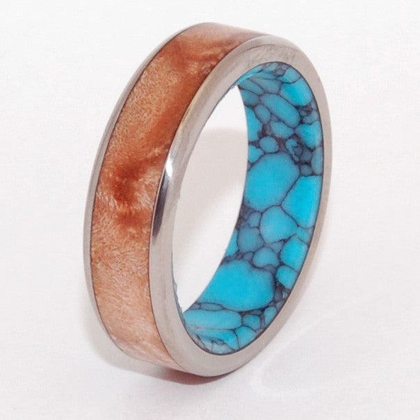 CONIFER | Light Maple Wood & Turquoise Unique Wedding Rings Titanium Rings - Minter and Richter Designs