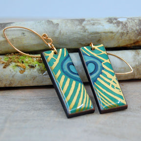 METALLIC PEACOCK FEATHER EARRINGS | Handmade Cherry Wood Gold Earrings - Minter and Richter Designs
