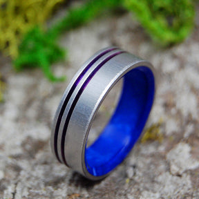 MY HEART.  YOU OWN IT. | Sodalite Stone & Anodized Purple Pinstriped Titanium Wedding Rings - Minter and Richter Designs