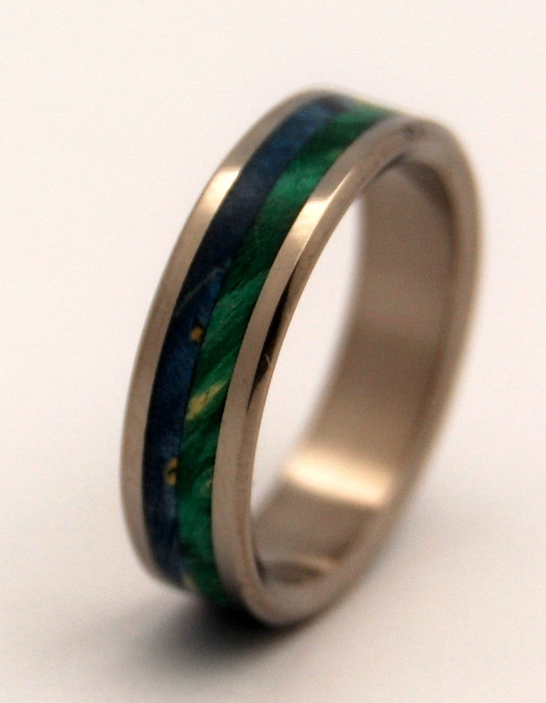 ON SEA AND ON LAND | Blue & Green Box Elder Wood - Unique Wedding Rings - Minter and Richter Designs