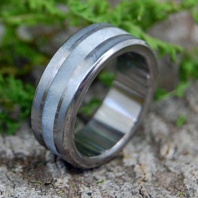 ON COMET | Meteorite & Gray Pearl Opalescent Titanium Wedding Rings - Minter and Richter Designs