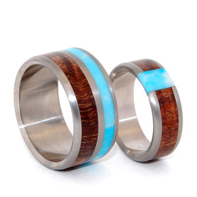 PASSING CLOUDS | Larimar Stone, Hawaiian Koa Wood - Wooden Wedding Rings Set - Minter and Richter Designs