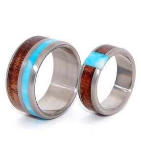PASSING CLOUDS | Larimar Stone, Hawaiian Koa Wood - Wooden Wedding Rings Set - Minter and Richter Designs