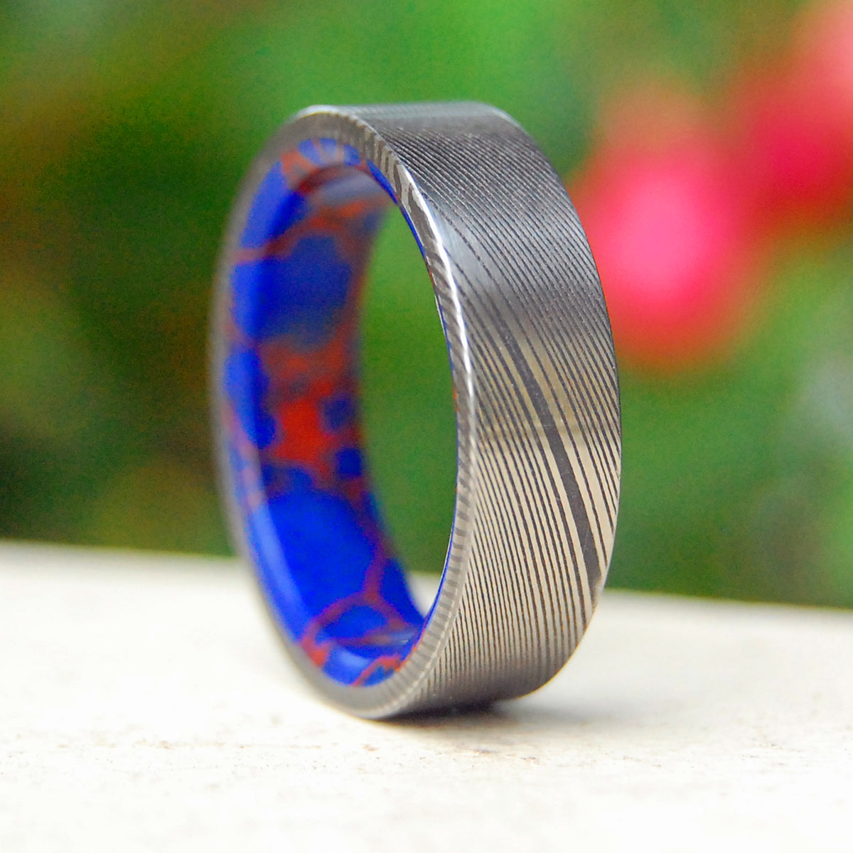 PASSIONATE VORTEX | Damascus Steel Damasteel Blue Jasper Stone Titanium Wedding Rings - Minter and Richter Designs