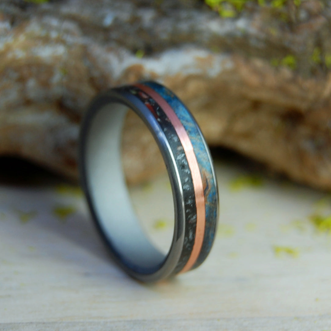 PAST MULTIVERSE | Blue Maple Wood, Agate in Black Base & Copper - Titanium Wedding Rings - Minter and Richter Designs