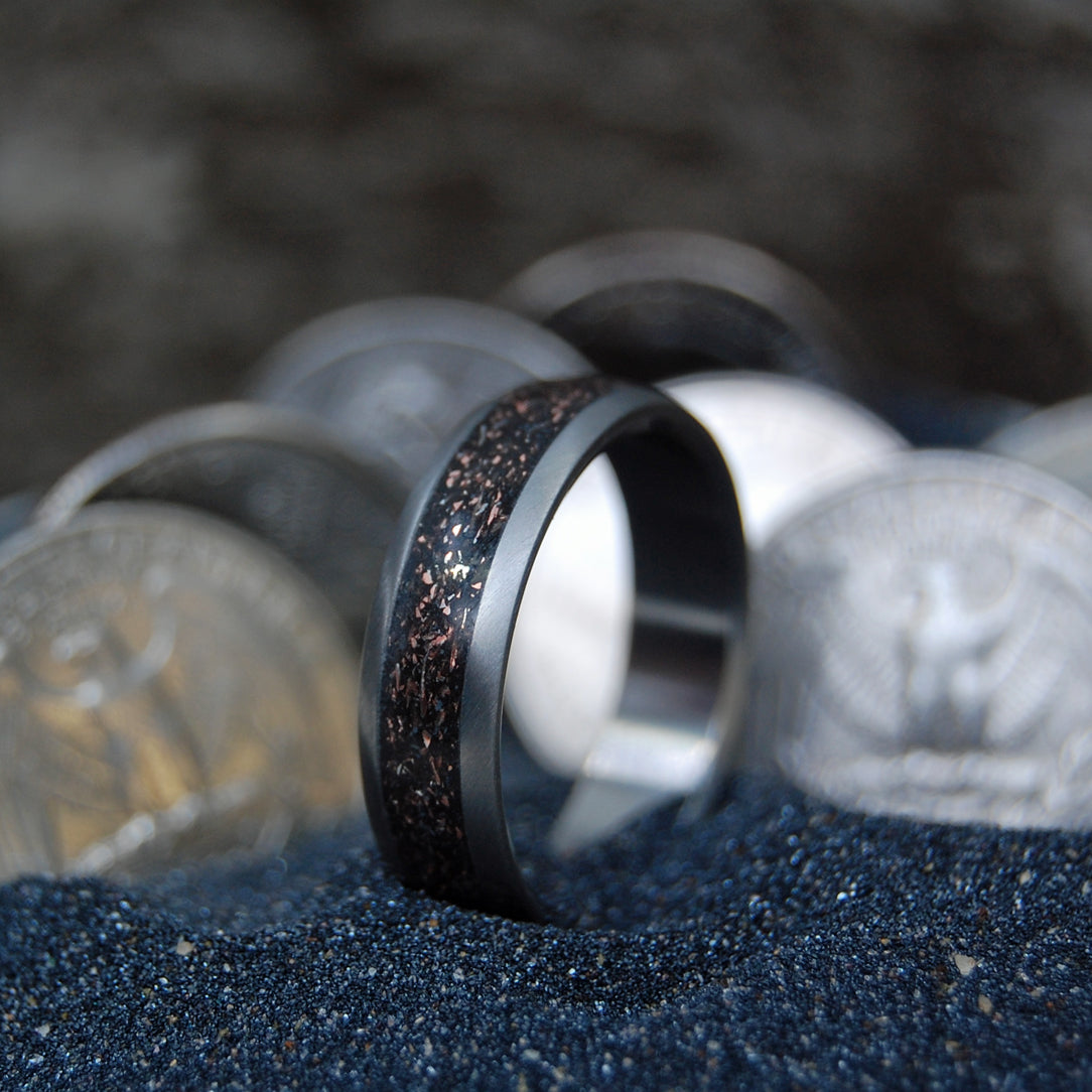 QUARTER SHOT | Ground Quarters & Beach Sand - Titanium Wedding Ring - Minter and Richter Designs