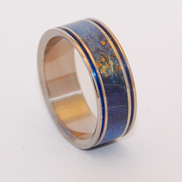LAUGH | Blue Box Elder Wood & Hand Anodized Titanium Wedding Rings - Wooden Wedding Rings - Minter and Richter Designs