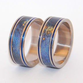 LAUGH | Blue Box Elder Wood & Hand Anodized Titanium Wedding Rings - Wooden Wedding Rings - Minter and Richter Designs
