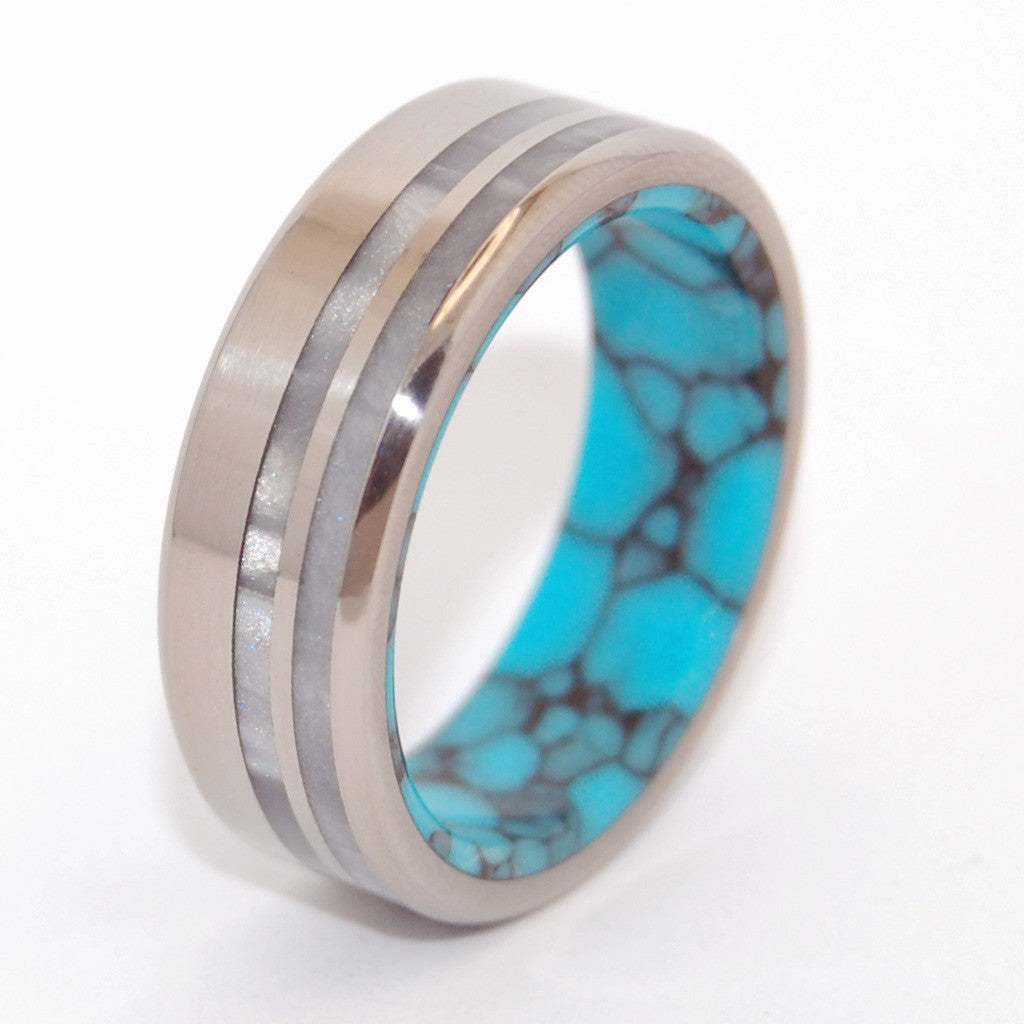STRONG & BRIGHT | Turquoise & Gray Pearl Opalescent Resin - Titanium Wedding Rings - Minter and Richter Designs