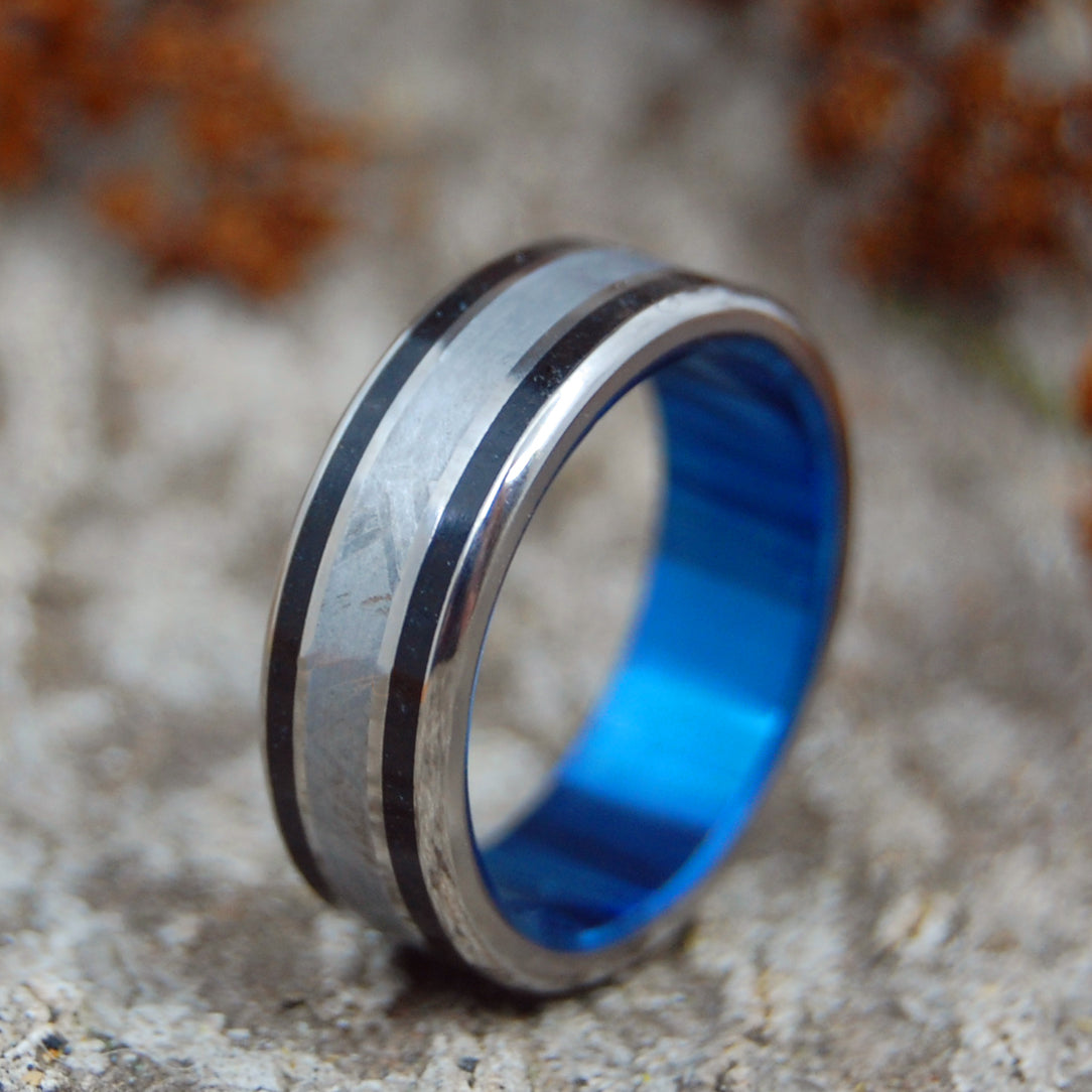 T-REX DINO-BLUE | Dinosaur Tooth & Meteorite Wedding Ring - Unique Wedding Rings - Minter and Richter Designs