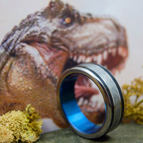 T-REX DINO-BLUE | Dinosaur Tooth & Meteorite Wedding Ring - Unique Wedding Rings - Minter and Richter Designs