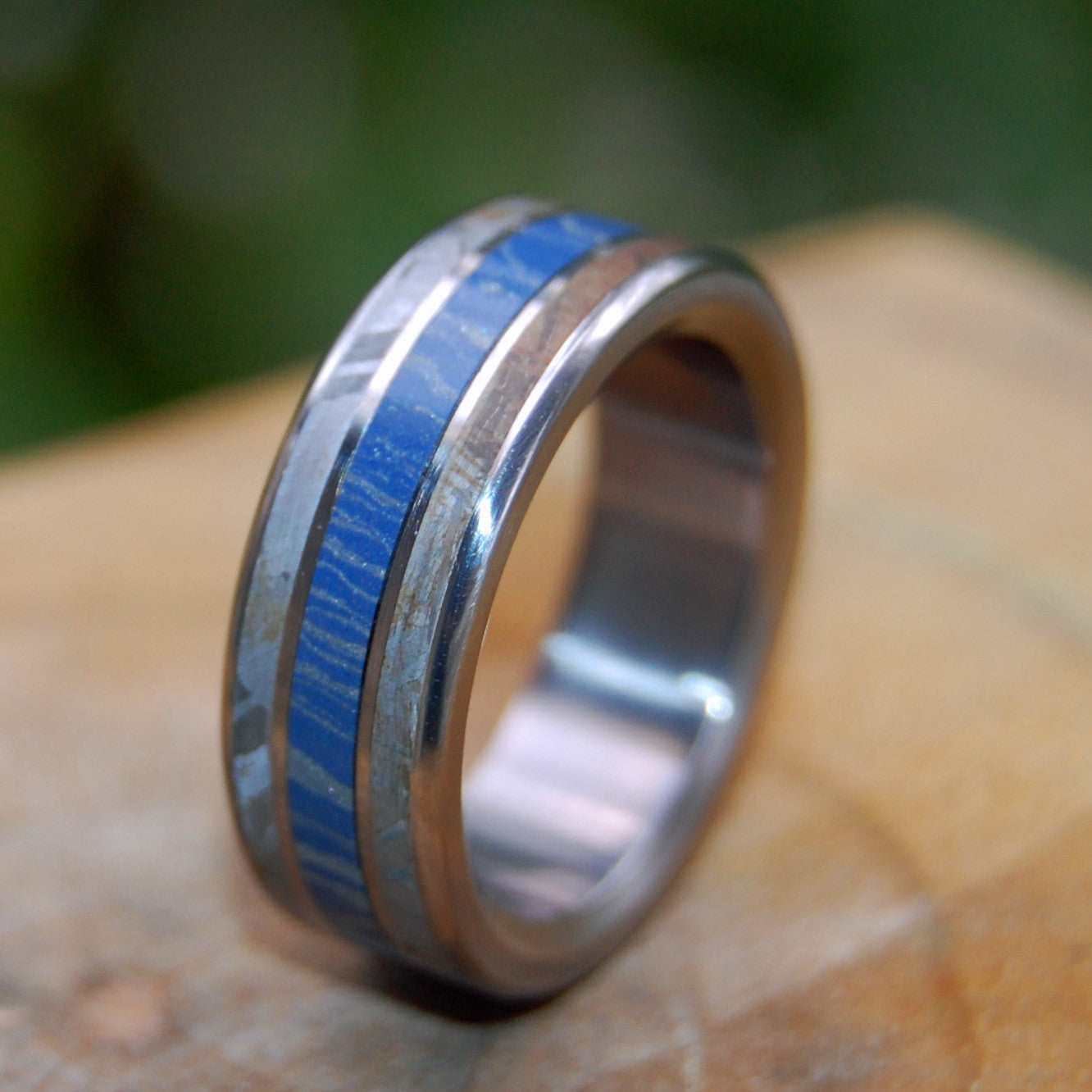 FINAL FRONTIER | Meteorite & Blue Silver Mokume Gane M3 Titanium Wedding Rings for Men and Women - Minter and Richter Designs