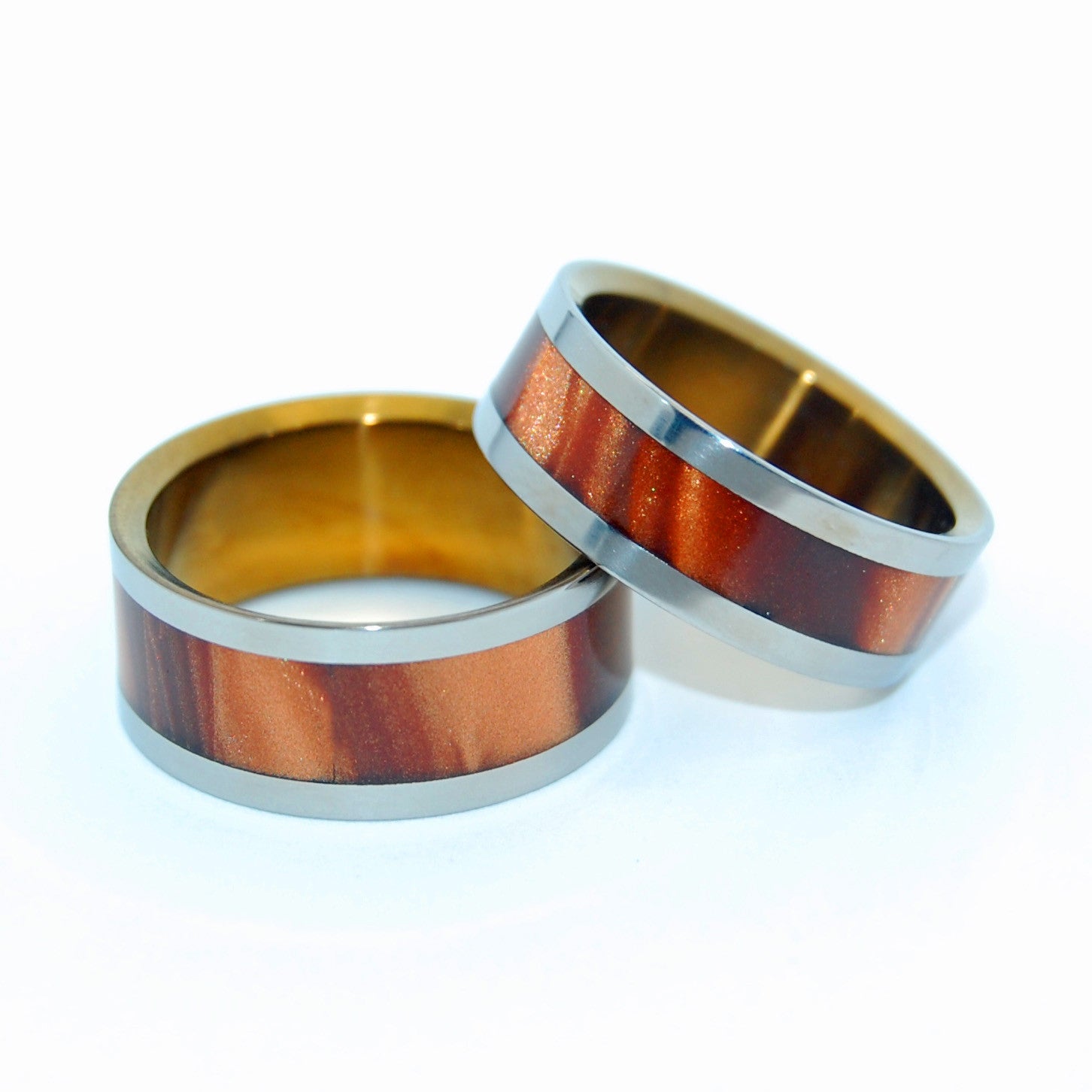 GOLDEN STAIR | Bronze Opalescent Resin & Hand Anodized Titanium Wedding Rings - Minter and Richter Designs