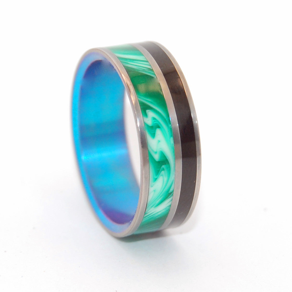 MERMAID'S SECRET | Onyx Stone & Vintage Green Resin - Titanium Wedding Rings - Minter and Richter Designs