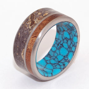 SEA BENEATH | Box Elder Wood, Hawaiian Koa Wood & Turquoise Stone - Unique Wedding Rings - Minter and Richter Designs