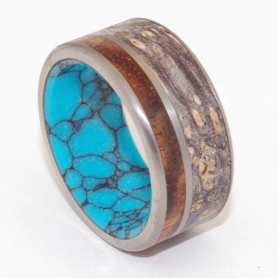 SEA BENEATH | Box Elder Wood, Hawaiian Koa Wood & Turquoise Stone - Unique Wedding Rings - Minter and Richter Designs