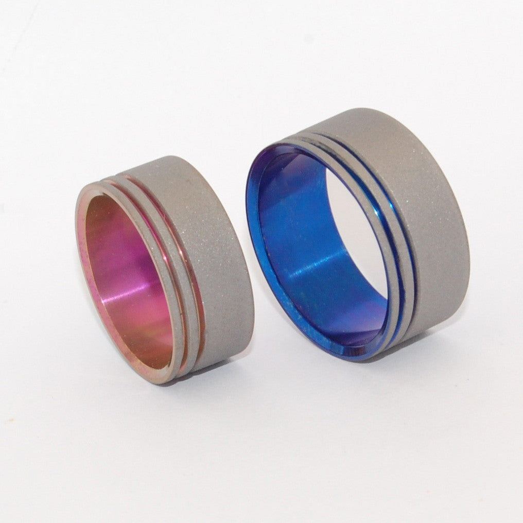 FUTURE PINK & BLUE | His & Hers Titanium Wedding Ring Set - Pink & Blue Wedding Rings - Minter and Richter Designs