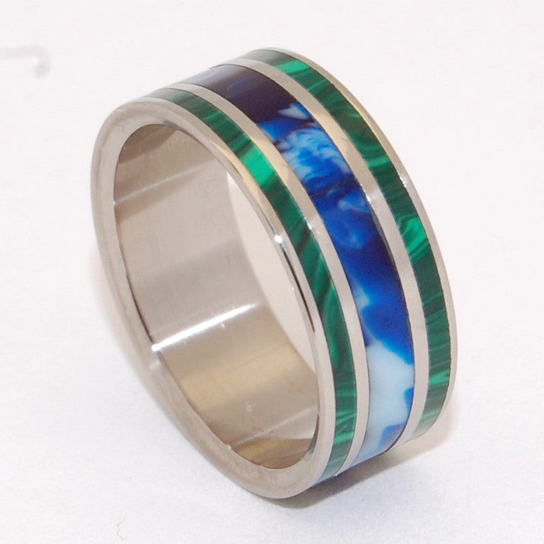 WE ARE OUR WORLD | Jade Stone & Blue Vintage Resin - Titanium Wedding Rings - Minter and Richter Designs
