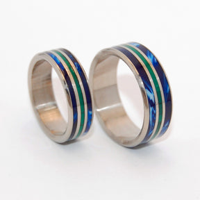 OUR WORLD FLIP | Jade Stone & Blue Vintage Resin - Titanium Wedding Rings Set - Minter and Richter Designs