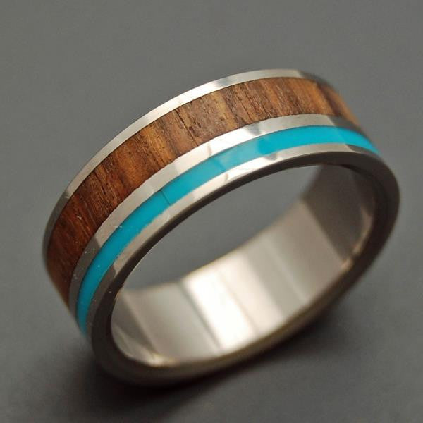 WOODED COVE | Hawaiian Koa Wood & Turquoise Resin Titanium Wedding Rings - Minter and Richter Designs