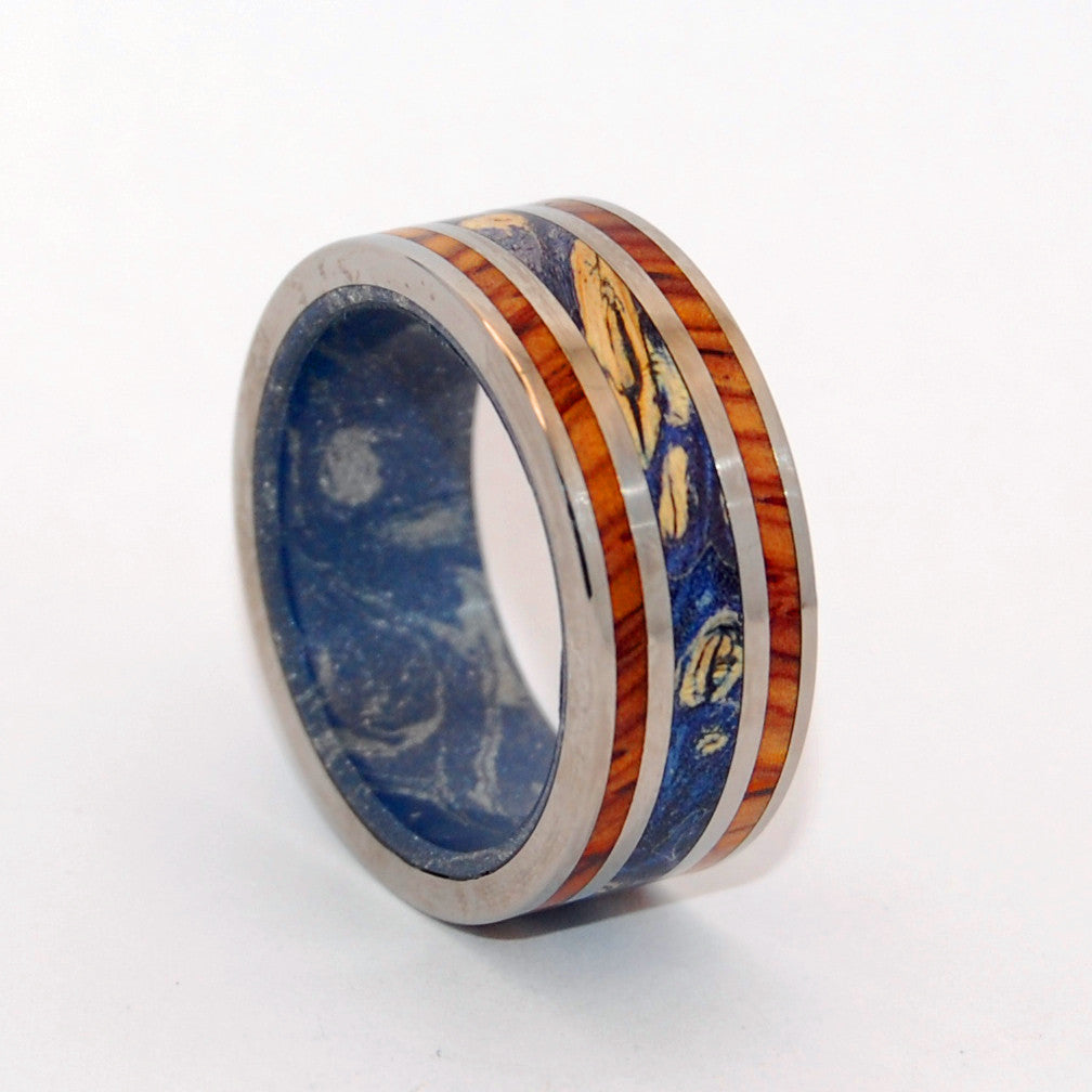WORLD OF LOVE | Blue Box Elder Wood & Cocobolo Wood - Unique Wedding Rings - Minter and Richter Designs