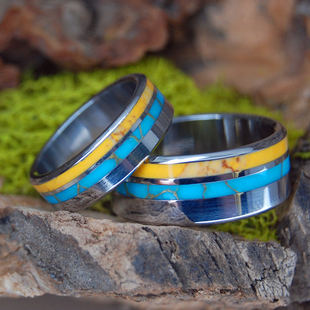 TIBETAN SUNRISE | Tibetan Turquoise & Honey Jasper in Inox Steel - Unique Wedding Rings - Wedding Rings Set - Minter and Richter Designs