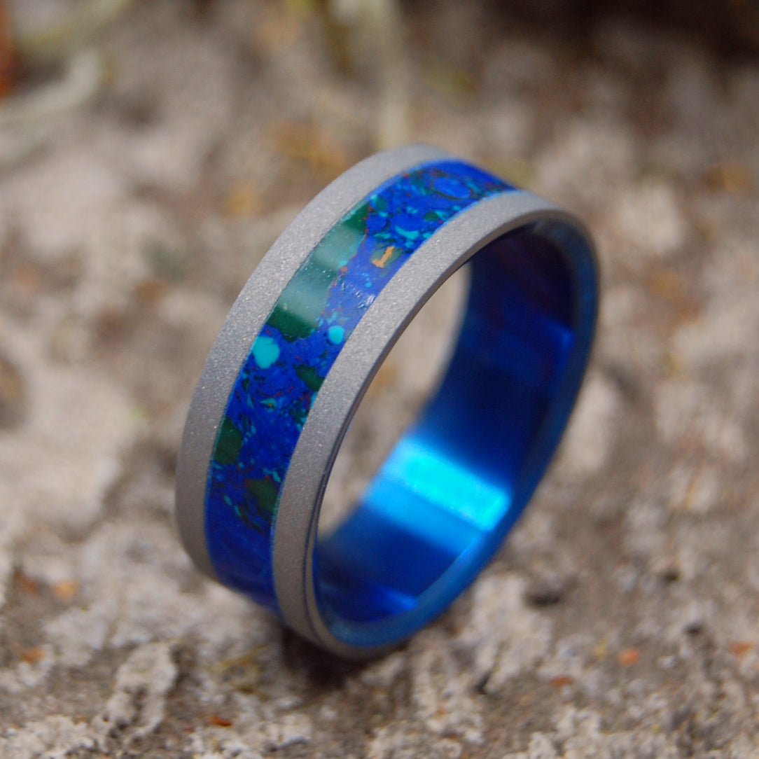 MAJOR TOM | Azurite Malachite Stone & Sandblasted Titanium - Unique Blue Wedding Rings - Minter and Richter Designs