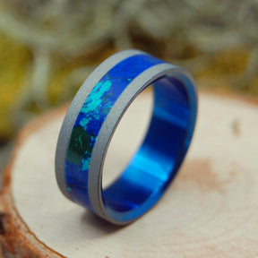 MAJOR TOM | Azurite Malachite Stone & Sandblasted Titanium - Unique Blue Wedding Rings - Minter and Richter Designs