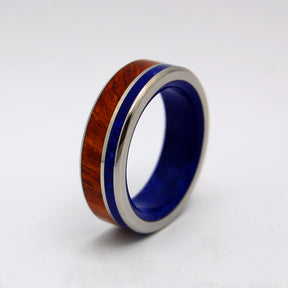 BY THE LAKE | Amboyna Burl Wood & Sodalite Stone Unique Titanium Wedding Rings - Minter and Richter Designs
