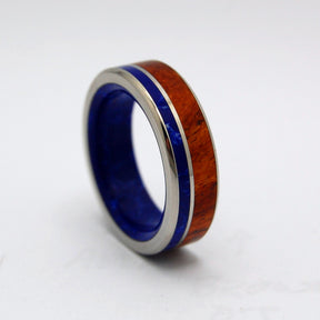 BY THE LAKE | Amboyna Burl Wood & Sodalite Stone Unique Titanium Wedding Rings - Minter and Richter Designs