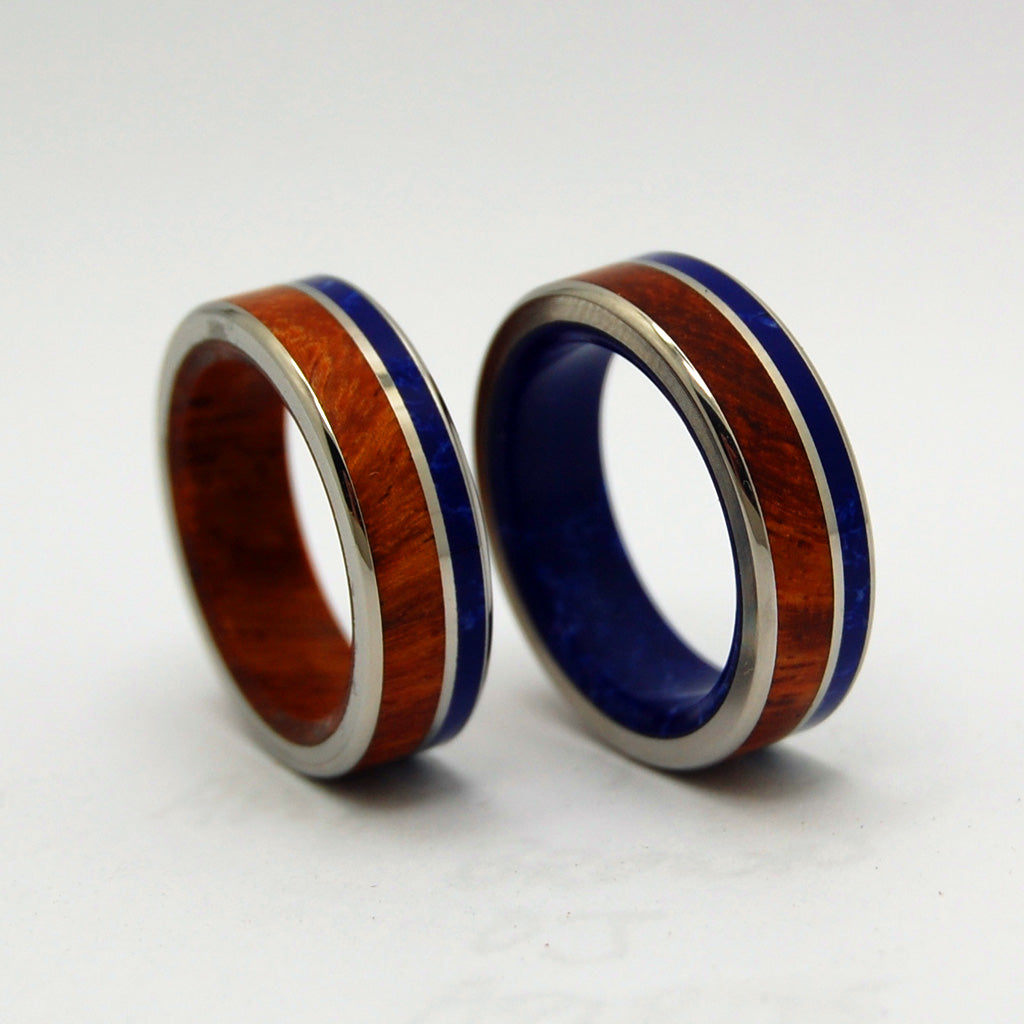 TWILIGHT BY LAKE | Amboyna Burl Wood & Sodalite Stone - Unique Wedding Rings set - Minter and Richter Designs