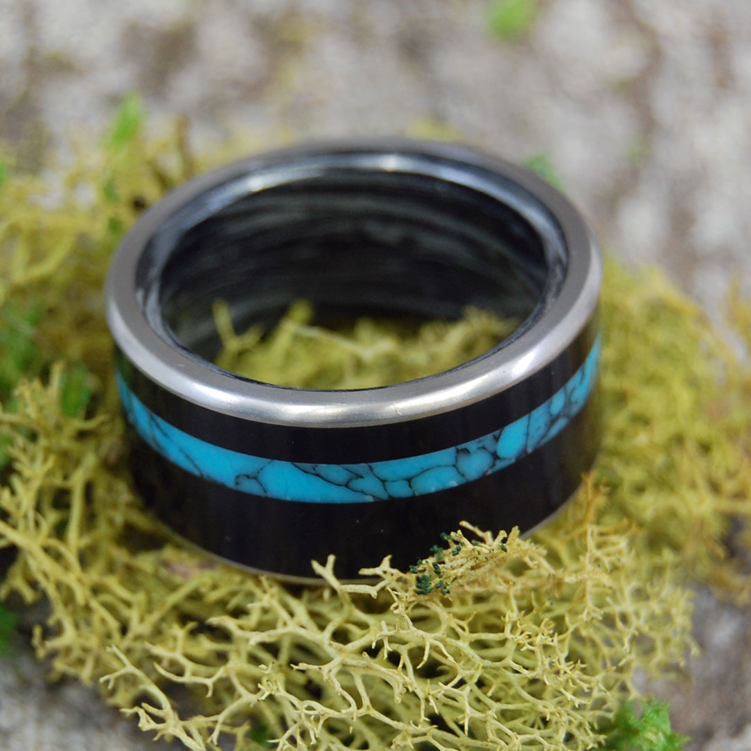 APOLLO | Turquoise & Onyx Stone Titanium Wedding Rings - Minter and Richter Designs