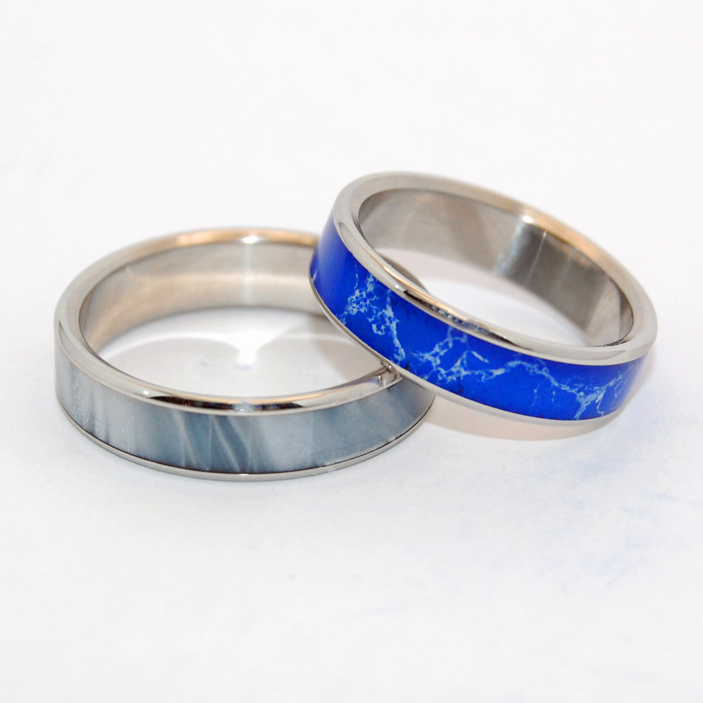 FOG STARS | Gray Pearl Opalescent & Sodalite Stone Titanium Wedding Rings Set - Minter and Richter Designs