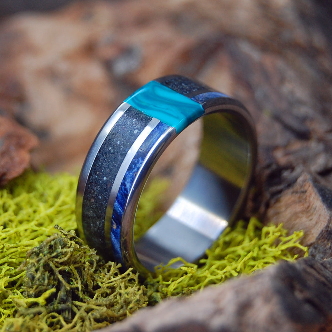AURORA OVER ICELAND | Blue Box Elder Wood & Icelandic Sand Titanium Wedding Ring - Minter and Richter Designs