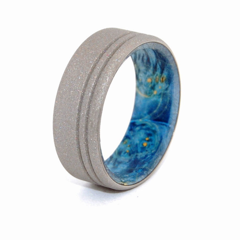 BELIEVE IN YOU | Sandblasted Blue Box Elder Wood & Titanium Wedding Rings - Minter and Richter Designs