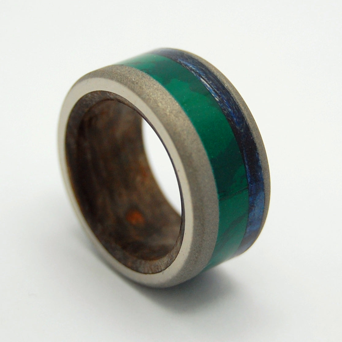 YOSHINO RIVER | Jade Stone, Blue Box Elder Wood & Titanium - Wooden Wedding Rings - Minter and Richter Designs
