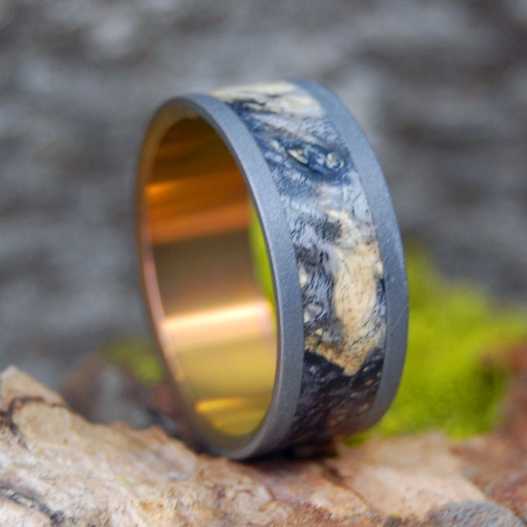 BLASTED BLACK SUNSET | Black Box Elder Wood & Sandblasted Titanium - Wooden Wedding Ring - Minter and Richter Designs