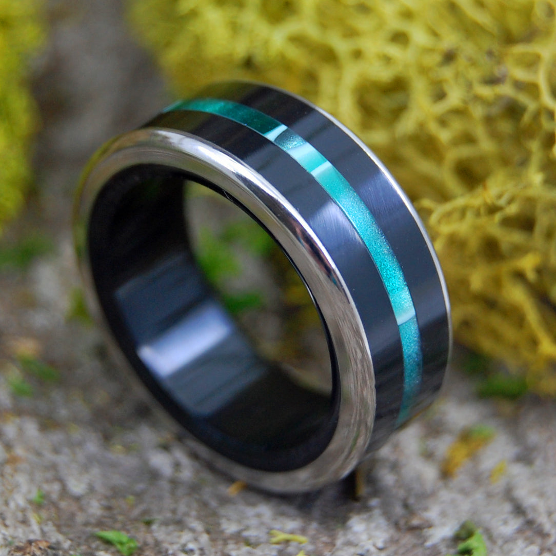 GREEN RIVER | Black Onyx Stone & Green Aquatic Resin Titanium Men's Wedding Rings - Minter and Richter Designs