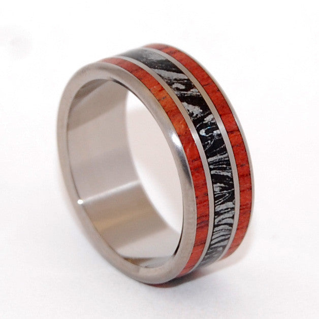 SILVER LINING | Black Silver M3 and Blood Wood - Titanium Wedding Rings - Minter and Richter Designs