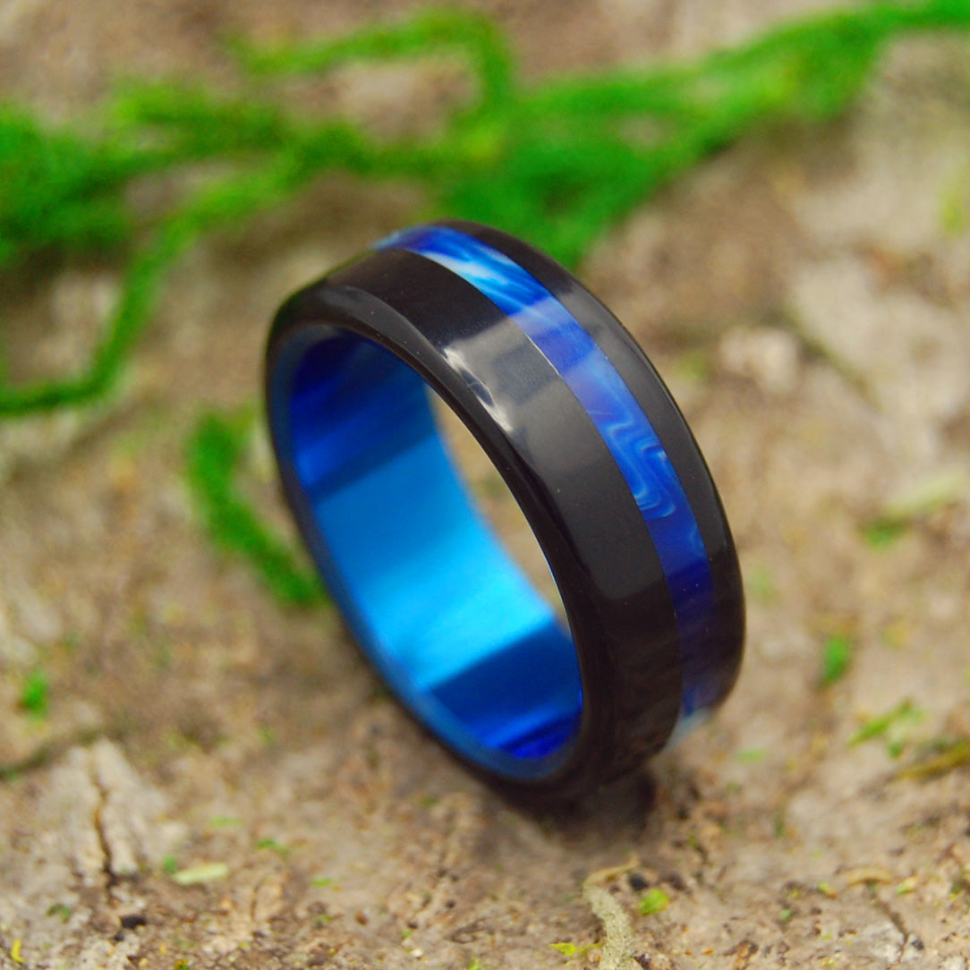 BLUE VINTAGE TRON | Black & Blue Resin Titanium Wedding Rings - Minter and Richter Designs