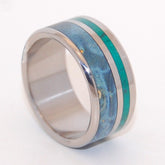 PEACEFUL WATERS | Jade & Blue Box Elder Wood Titanium Wedding Rings - Wooden Wedding Rings - Minter and Richter Designs