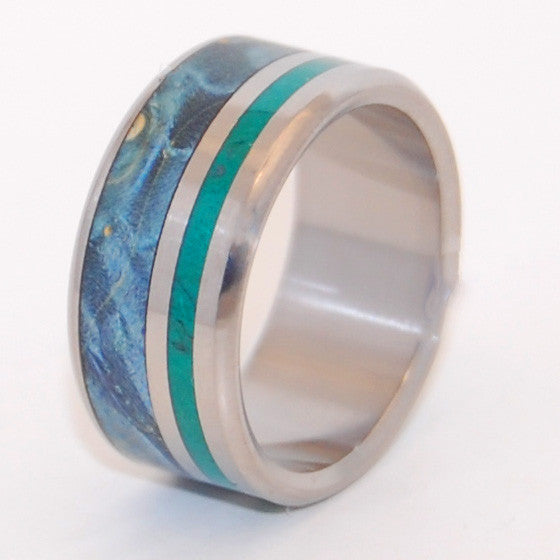 PEACEFUL WATERS | Jade & Blue Box Elder Wood Titanium Wedding Rings - Wooden Wedding Rings - Minter and Richter Designs