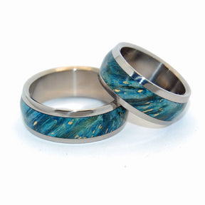EARTHLY DELIGHTS | Blue Box Elder Wood & Titanium - Unique Wedding Rings - Wedding Rings Set - Minter and Richter Designs